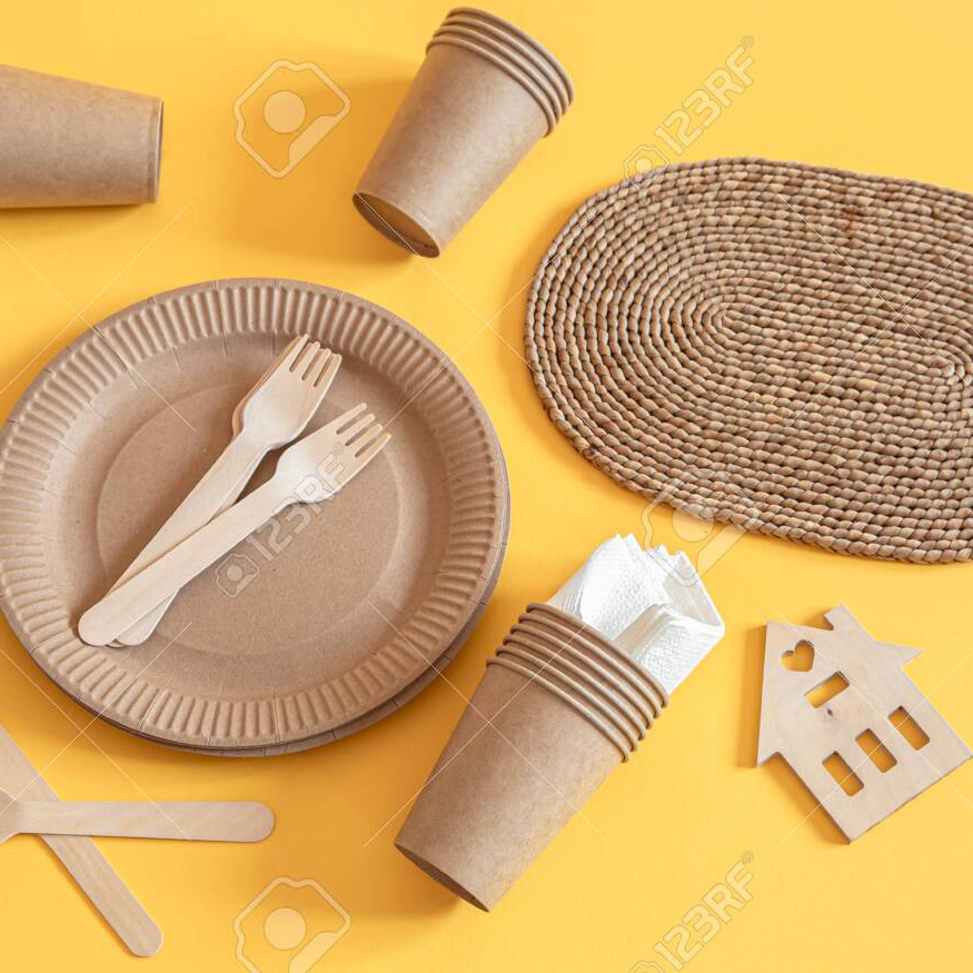 Eco-friendly, stylish recyclable paper tableware. Paper food boxes, plates, and cornstarch Cutlery on a trending orange background.